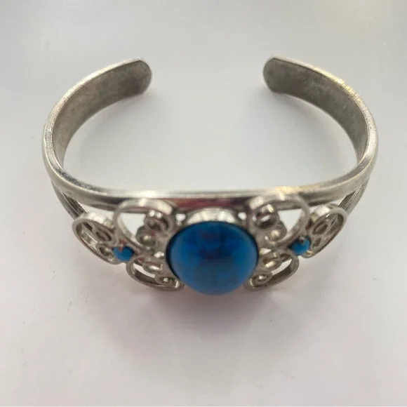 Artisan Silver tone Cuff Bracelet with Blue/Turquoise Cabachon Accents 6.5” - Picture 9 of 10